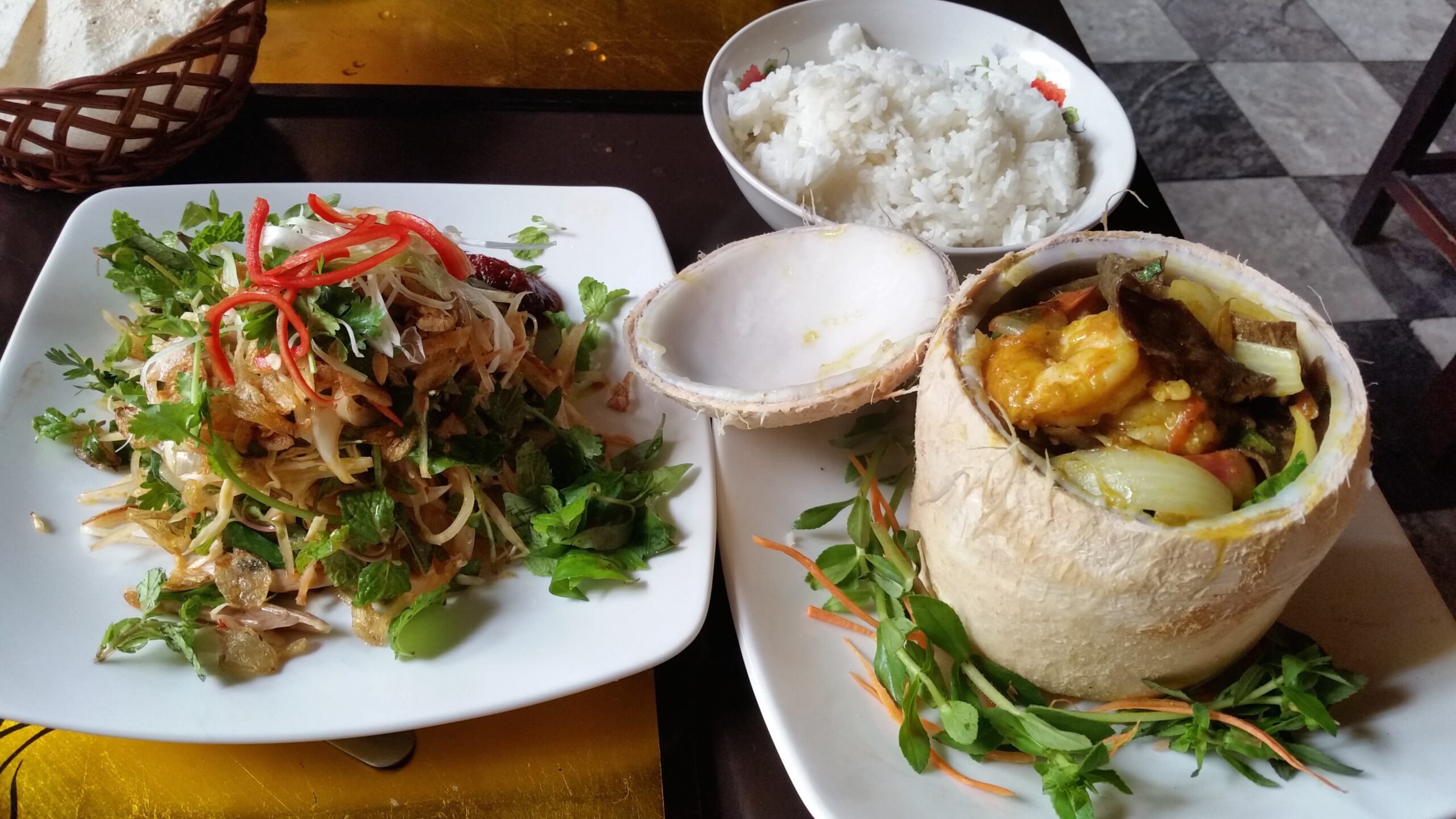 Thai dishes with rice and coconut curry.