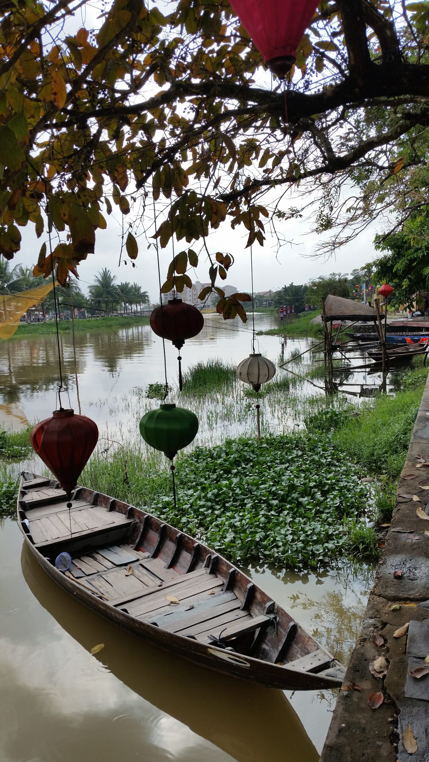 Boat on river with hanging lanterns.