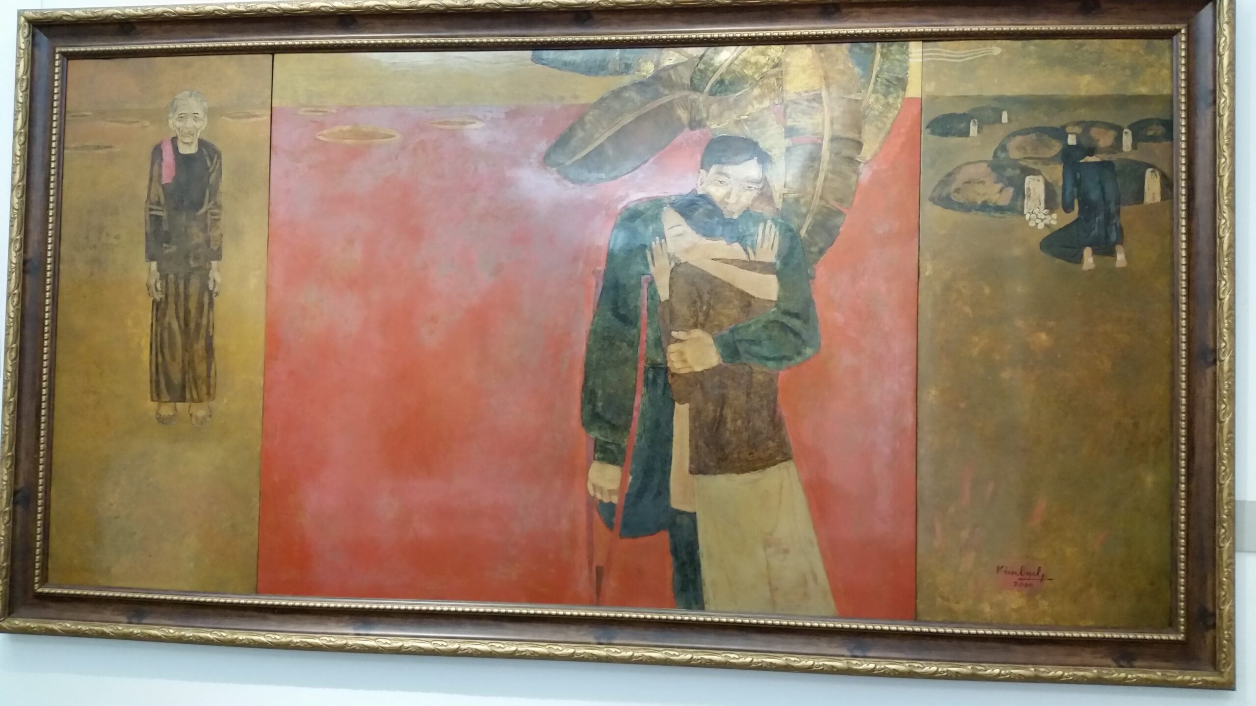 Abstract painting with three human figures.