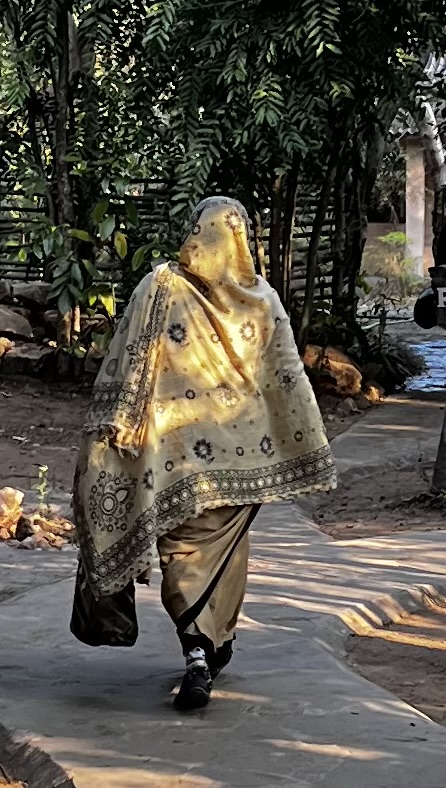 Person walking on path in traditional attire.
